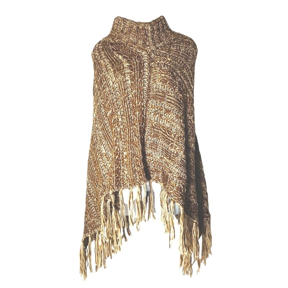 NWOT Time and Tru Knit Fringe Poncho One Size Mock Neck Brown Beige Boho Sweater